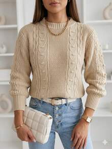 Women's Long-Sleeved Ribbed Blouse With A Round Neck And Braided Knit Details, In A Wool-Like Fabric. - Beige - View 2