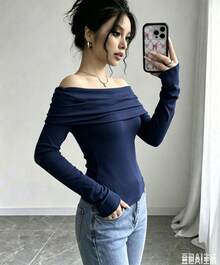 Elegant Long-Sleeved Blouse With Off-Shoulder Detail And Solid Color Ruffle For Women - Azul Marinhos - View 3