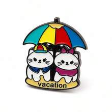 Vacation Couple Cat Umbrella Enamel Pin Cartoon Lapel Brooch - Multicolor - View 7