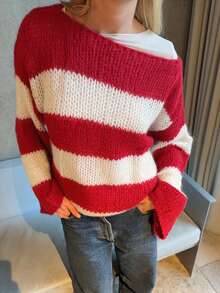 Women's Red Striped Short Sleeve Knit Cardigan, Front Button Regular Length Round Neck Spring/Summer Jacket, Suitable For Spring/Summer Fashion Cute Cardigan - Red - View 4