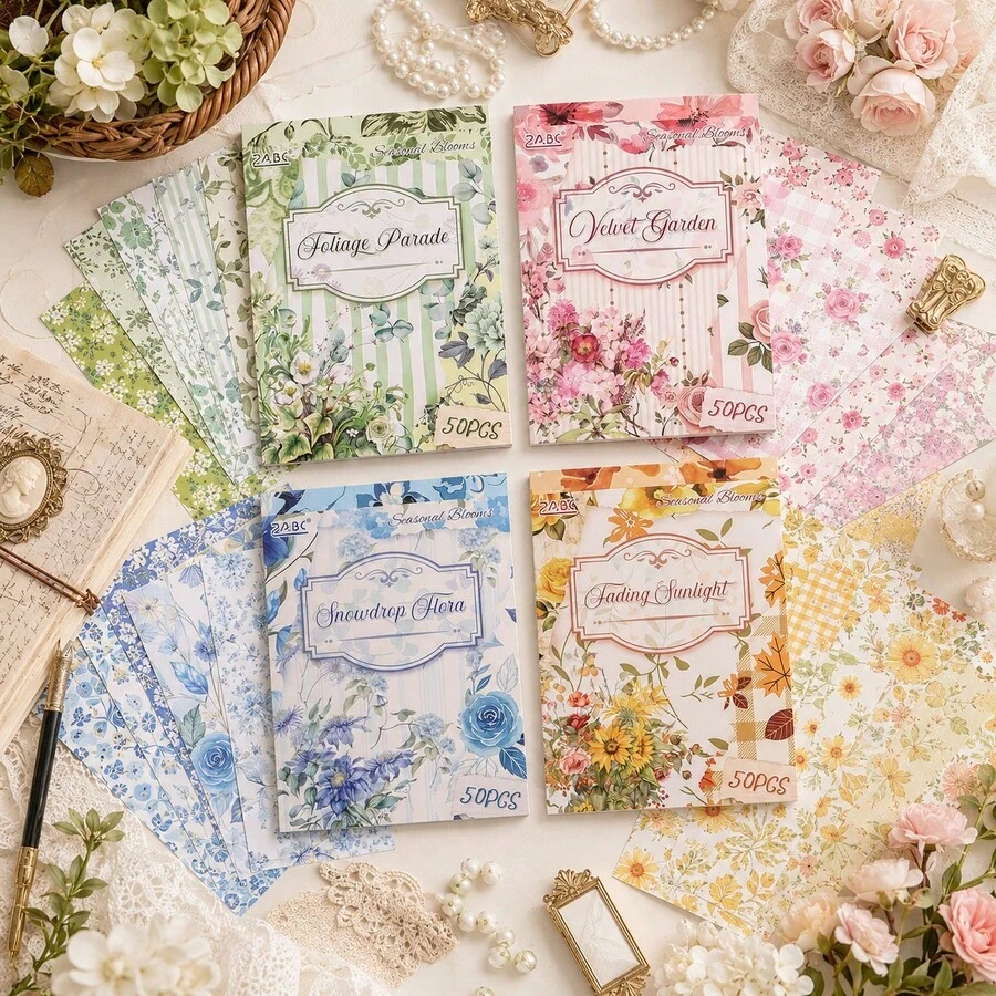 50 hojas de papel de scrapbook con flores para diario de recortes, papel de scrapbook, planificador, creación de tarjetas, álbum y manualidades DIY - papel - Ver 1