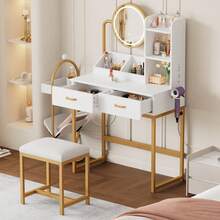 Modern Dressing Table / Fashionable Dressing Table / Rotating Mirror – Incl. Stool & Gold Metal Legs / Plenty Of Storage Space: 2 Drawers + 2 Open Shelves / White, Dimensions: 80*138.5*40 Cm - White+Gold - 查看 2