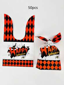50pcs Halloween Rabbit Ear Shaped Plastic Gift Bags, Classic Pumpkin And Spider Web Print Storage Bags, Reusable Halloween Party Favor Bags, Holiday Table Decor, Carnival, Masquerade, Holiday Party Decoration Packaging Bags - Multicolor - View 12