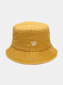 1pc Vintage Washed Bucket Hat, Minimalist Crown Embroidered Sun Hat, Unisex Casual Outdoor Bucket Hat - A - View 12