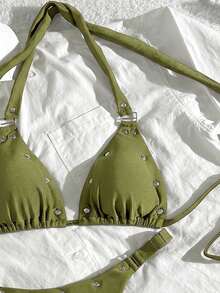 Women's Sexy Halter Neck Tie Bikini Set, Rivet Detail Design, High Elasticity Two Pieces Swimwear, Suitable For Beach And Pool Vacation Summer - Green - View 4