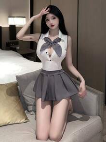1 Conjunto de Mono Elegante JK con Falda con Volantes, Conjunto con Espalda Descubierta y Botones Ocultos - Gris - Ver 9