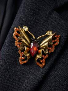 1pc Vintage Butterfly Brooch Women Fashion Elegant Insect Pin High-End Banquet Dress Accessory Gold Rhinestone Corsage - Yellow - View 13