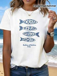 . 1pac.100%Cotton.Sardines From Sardinia: A Travel Emblem For The Artistic Crowd. Sardines Of Sardinia, Regional Slogan Italy. Patterned Print Women'S Fashionable Casual Round-Neck - White - View 1