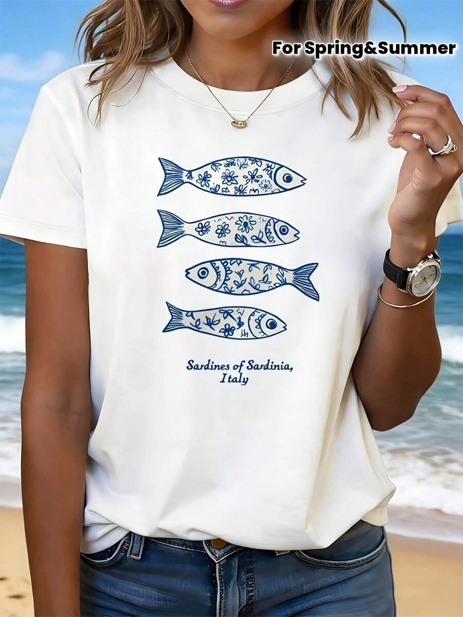 . 1pac.100%Cotton.Sardines From Sardinia: A Travel Emblem For The Artistic Crowd. Sardines Of Sardinia, Regional Slogan Italy. Patterned Print Women'S Fashionable Casual Round-Neck - White - View 1