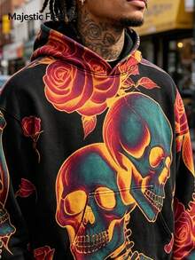 Sudadera con capucha y estampado de calavera para hombre; tejido cómodo, ideal para el día a día. Sudadera para hombre | Moda urbana | Atuendo para el Día de los Muertos - Naranja - Ver 1