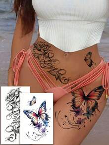 2 hình xăm tạm thời chống thấm nước hình hoa, chữ và bướm gợi cảm, có thể giữ được 3-5 ngày trên da, thích hợp cho tiệc tùng, làm quà tặng, du lịch, dễ dán và dễ gỡ bỏ, hình xăm nghệ thuật dùng một lần. - màu đen - Xem 2