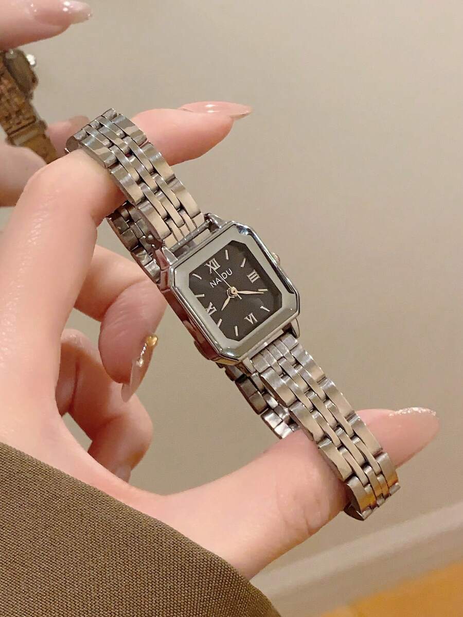 1件女款橢圓形銀色黑色方形金色錶盤石英休閒手錶,適合日常佩戴 - 黑色 - 查看 1