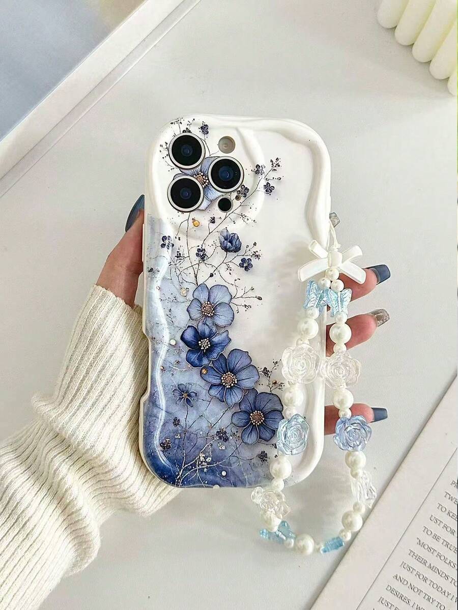 1 Piece Of Fashionable Phone Case. Does Not Include Lanyard Or Stand. Blue Floral Novelty Cream Flower Textured Wavy Floral Painted Edge Anti-Drop Phone Case With Bracelet Accessory, Compatible With IPhone 17 Pro/17 Air/17/17 Pro Max/16/11/16 Pro/16 Plus/16 Pro Max/16e/15 Pro Max/13/14/12/XS/XR/7G/8P, Galaxy S25/S25 Plus/S25 Ultra/A16/A36/A26/A56/A50/A12/A32/A52/A72/A51/A21S/A13/A14/S24/S24 Plus/S24 Ultra, S22/A52/A53/A54/A55/S23, 11/12 Pro/12/12X/13 Pro/14 Pro/15 Pro, 10/9/Note 9/12c/Note 11 Pro/Note 8 Pro Spring - 多色 3 - 查看 1