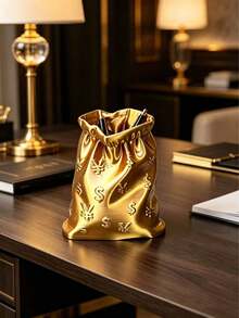 Money Symbol Money Bag Pen Holder, Suitable For Office Desk, Study Desk, Luxury Home Decor, Wealth-Attracting Lucky Bag Storage Tube, Student Stationery Organizer, Gift Idea, Luxury Gold And Silver Treasure Bag Pen Holder - Money Bag Pen Holder - View 2