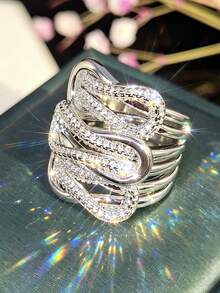 1pc Exquisite Fashion Cubic Zirconia Ring, Women's Valentine's Day Gift, Suitable For Wedding, Engagement, Anniversary, Party And Other Occasions - Silver - View 7