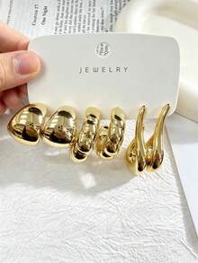 1-9 Pairs Summer Best-Selling Gold Fashion Jewelry, Exaggerated Women's Earring Set, Including Exaggerated Hoop Earrings, Dangle Earrings, Smooth C-Shaped Earrings, Asymmetrical Earrings Made Of Resin Material, Suitable For Women's Daily Commute Wear. - Gold - View 5