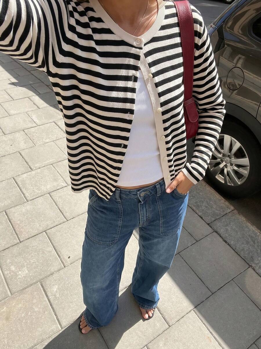 Women's Round Neck Striped Knit Long Sleeve Top - Multicolor - View 1