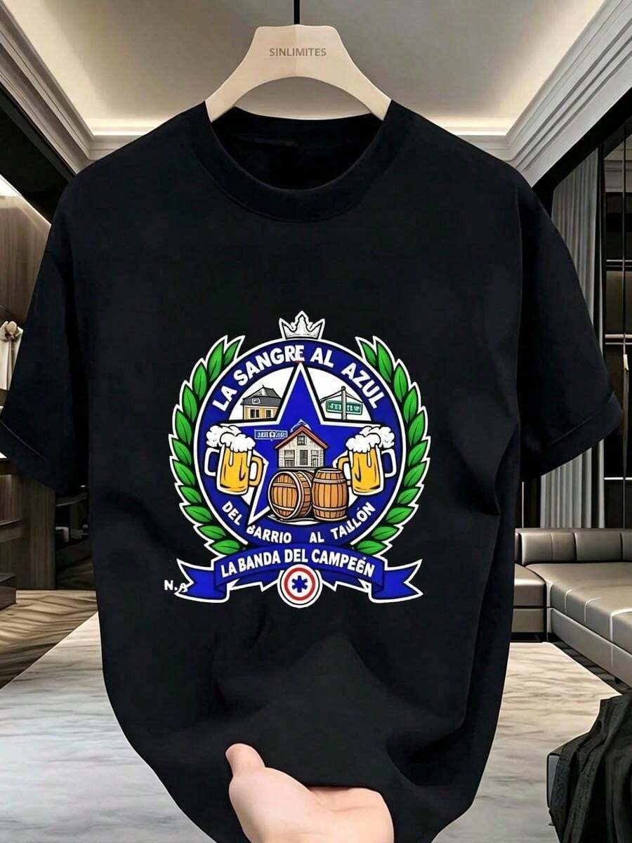 Camiseta de Algodón Suave para Hombre con Insignia de Estrella, Ideal para Aficionados al Deporte, Regalo Perfecto para él, Dise?o Moderno S M L XL XXL XXXL,Manga Corta Ligera y Transpirable - Negro - Ver 1