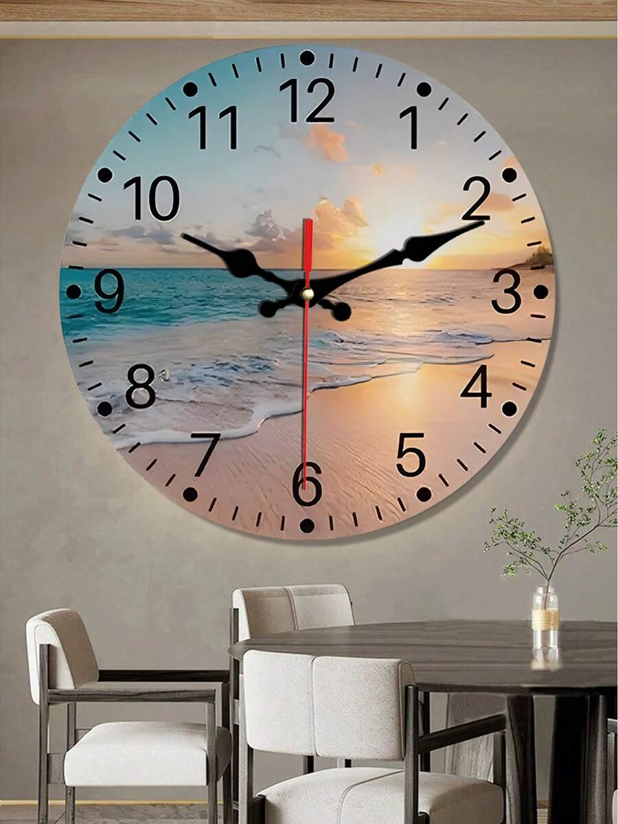 One Coastal Beach Sunset Wall Clock, Silent, Tick-Free, Wooden Round Decorative Clock With Sea View, Battery Powered (AA Batteries Not Included), Home Decor Gift, 12-Digit Display. - 1PC - 查看 1