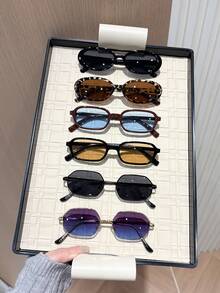 6 Pairs Leopard Print Multicolor Plastic Metal Geometric Full Frame Decorative Personalized Modern Minimalist Style Ins Fashion Glasses For Women, Suitable For Holiday Gifts, Cosplay, Summer Driving, Back To School, Beach Party, Weekend Outfit, Going Out Outfit, Fits All Face Shapes - 6pcs Black, Silver, Gray, Blue, Leopard Print Tea - View 4