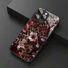 An Elegant Phone Case That Does Not Include A Lanyard Or Stand. This Shockproof, High-End, And Stylish Glass Phone Case Features A Vintage Floral Leopard Print And Intertwined Flowers. It's Compatible With [Brand Name Missing] And Made Of Tempered Glass, Making It A Perfect Spring Gift. - 黑色 - 查看 1