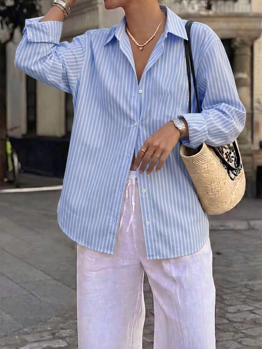 Camisa de mujer de manga larga con botones y rayas, versátil para la oficina y el transporte - Multicolor - Ver 1