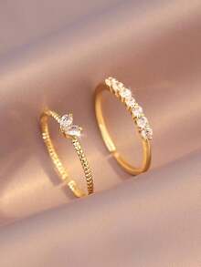 2pcs/Set Cincin Berlian Imitasi Hati Minimalis Elegan Mewah Bergaya Emas, Cocok untuk Remaja Putri Pakai Sehari-hari dan Liburan - Emas - View 7