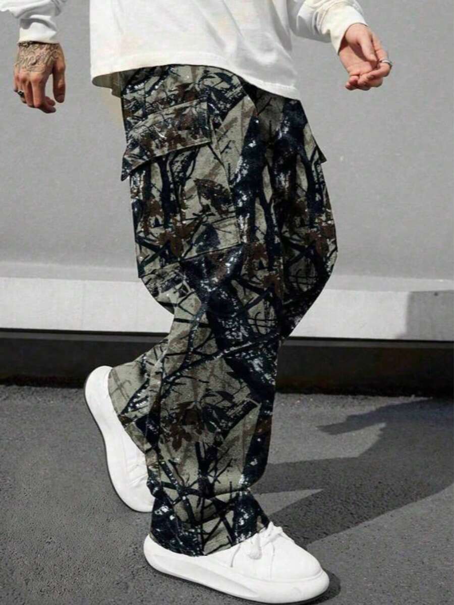 春秋款全印花樹枝直筒工裝褲,男士多口袋寬鬆嘻哈休閒長褲 - 彩色 - 查看 1