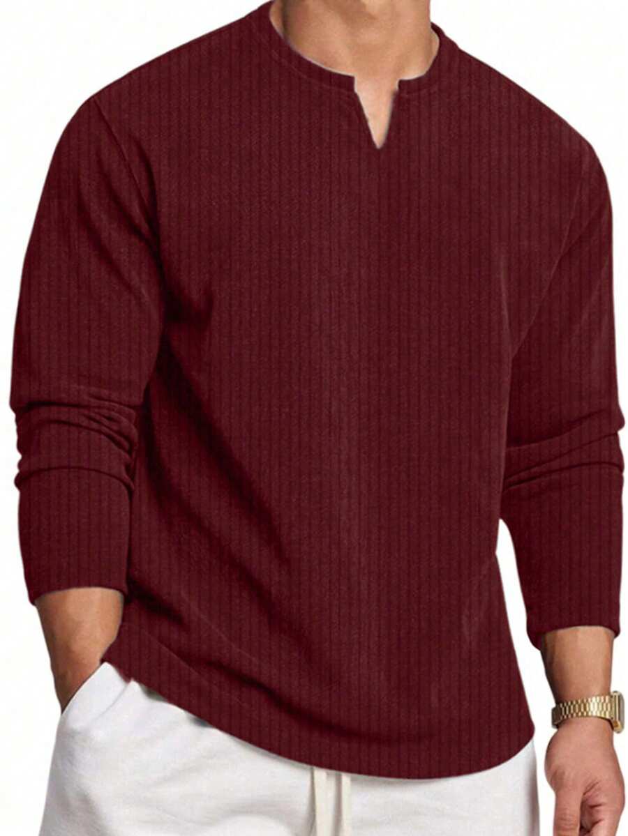 Áo polo nam GLESTORE kiểu dáng retro vintage, chất liệu vải dệt kim nhẹ, mềm mại, cổ chữ V, tay dài, màu trơn, họa tiết đồng xu, cổ áo gân, dáng rộng, đa năng, thích hợp mặc hàng ngày vào mùa xuân/thu, hoặc mặc ngoài chống nắng mùa hè. - Màu Đỏ Sâu - Xem 1