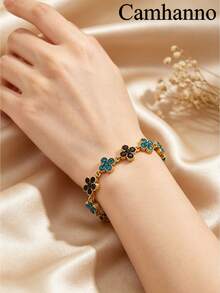 Camhanno 1pc European And American Luxury Style Stainless Steel 18K Gold Plated Four-Leaf Clover Rhinestone Bracelet, Multiple Color Rhinestones Available, Non-Fading, Delicate Fine Chain, Versatile For Commuting, Women's Jewelry Gift For Best Friend, Daily Accessory - Golden 8 - View 2