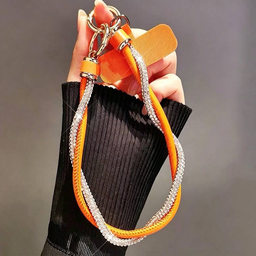 Tali Ponsel Kulit PU Dua Baris Mewah dengan Hiasan Kristal, Gantungan Kunci Pergelangan Tangan Berkilau untuk Kamera CCD, Gantungan Tas Kamera, Tali Genggam Kamera dengan Patch Transparan Gratis - MultiWarna - View 1