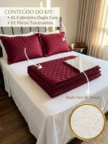 Single/Queen Double-Sided Bedspread Set With Sherpa Alaska 03 Pieces - Premium Soft Touch - 葡萄酒 - 查看 3
