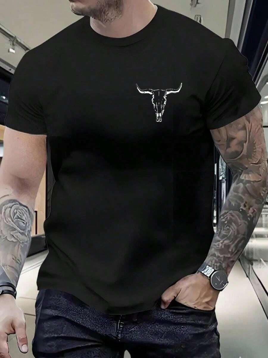 Camiseta casual para hombre con dise?o de cráneo de toro en estilo western, cómoda y versátil, ideal para salidas urbanas y looks con toque rústico y varonil. - Negro - Ver 1