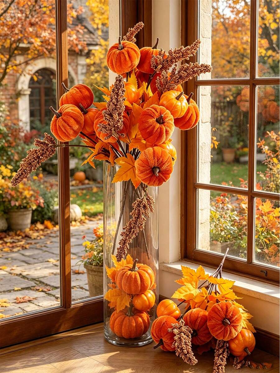 1/3/5/9/12pcs Autumn Artificial Flower Decor Maple Leaf Branch Pumpkin Branch And Berry, Autumn Halloween Thanksgiving Home Kitchen Holiday Decoration - Multicolor - View 1