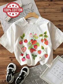 Women's Summer Clothes, Cool Style, Strawberry Leaf Print, Flowers And Cherries, Round Neck, Short Sleeve, Casual Fashion, Pure Cotton T-Shirt For Women - White - View 1