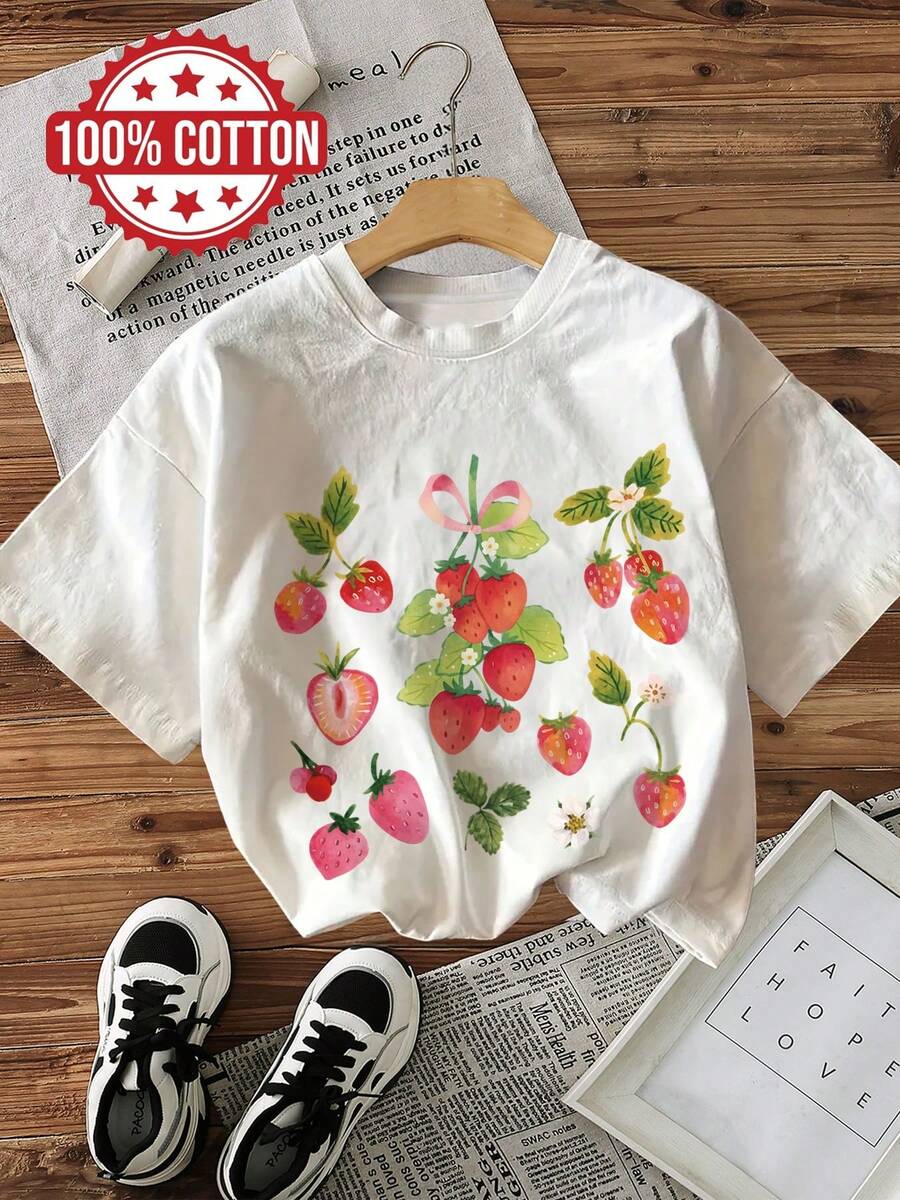 Women's Summer Clothes, Cool Style, Strawberry Leaf Print, Flowers And Cherries, Round Neck, Short Sleeve, Casual Fashion, Pure Cotton T-Shirt For Women - White - View 1
