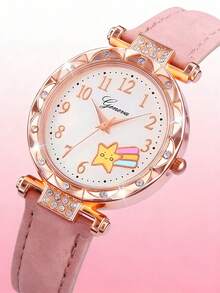 1pc Girls Pink Cute Cartoon Starfish Rainbow Pattern Quartz Watch And 5pcs Beaded Pendant Pink Butterfly Decor Jewelry Set - Pink - View 5