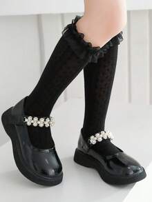 1 Pair Girls' Black Lace Calf Socks, Sweet Elegant Princess Socks, Versatile Ruffle Dance Socks For Back To School Season - Black - View 5