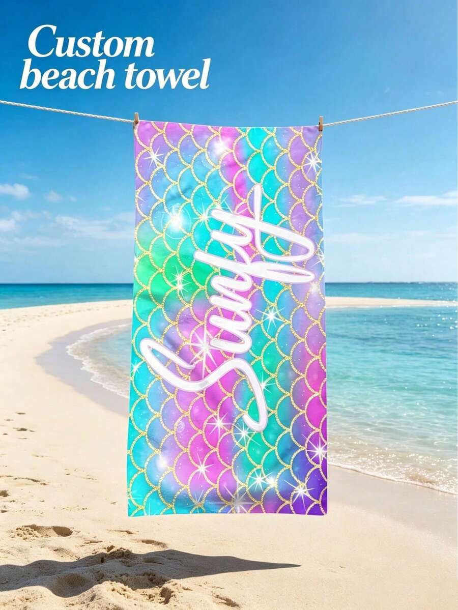 客製化彩虹美人魚鱗片浴巾,個性化亮面閃粉印花,防沙沙灘巾,適合成人與兒童,泳池夏季旅行客製禮物 - 彩色 - 查看 1