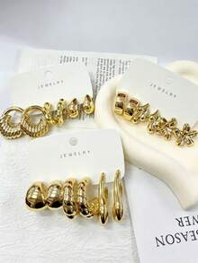 1-9 Pairs Summer Best-Selling Gold Fashion Jewelry, Exaggerated Women's Earring Set, Including Exaggerated Hoop Earrings, Dangle Earrings, Smooth C-Shaped Earrings, Asymmetrical Earrings Made Of Resin Material, Suitable For Women's Daily Commute Wear. - Gold - View 2