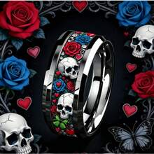 8mm Polished Black Tungsten Carbide Ring With Gothic Skull, Red & Blue Rose, Heart And Butterfly Pattern, Day Of The Dead Motorcycle Style Personalized Ring, Ergonomic Fit Unisex Jewelry, Gift For Gothic And Rock Enthusiasts - Multicolor - View 2