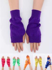 1 Pair Women's Multi-Color Solid Casual Acrylic Quilted Knit Warm Fingerless Gloves For Daily Wear In Autumn/Winter - Multicolor - View 1