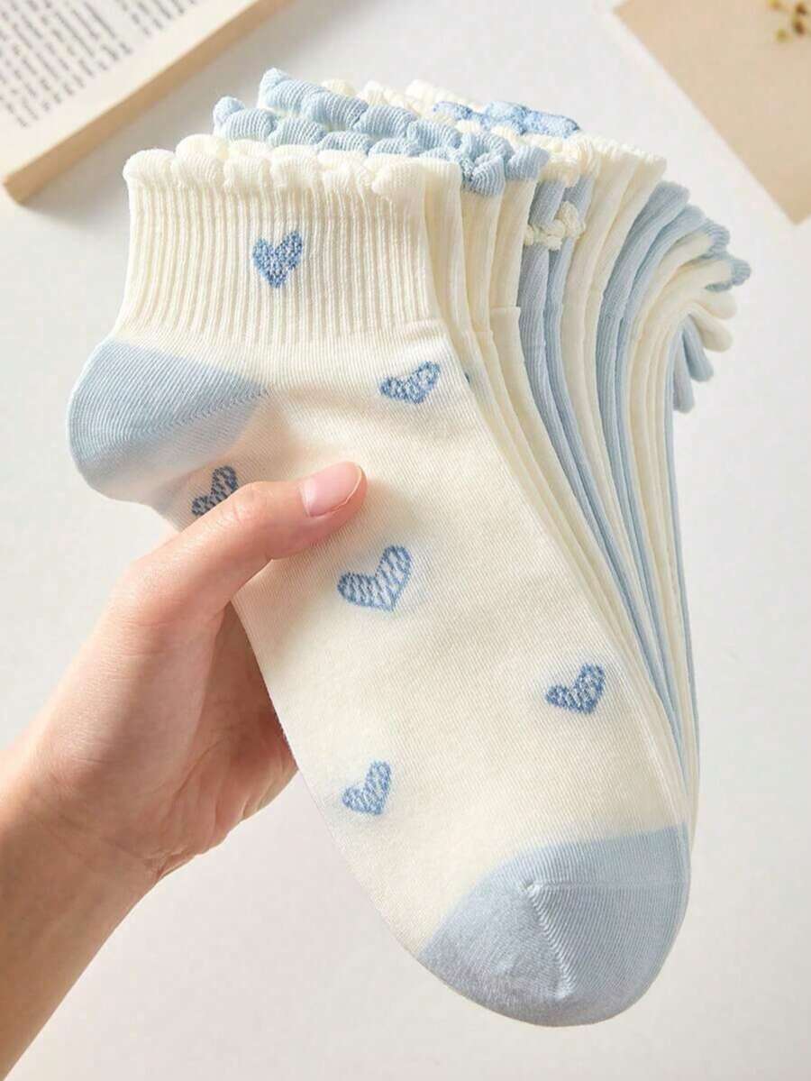 1/5 pares de calcetines finos para mujer con patrón de lazo azul y amor, calcetines de barco dulces y lindos, adecuados para usar en primavera y verano - Multicolor - Ver 1
