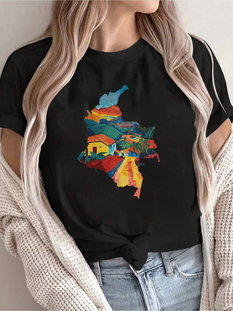 Women's Casual Short Sleeve T-Shirt With Colorful Landscape Print - Summer Top With Round Neck And Bright Print, Machine Washable, Suitable For Vacation, Urban Wear - 黑色 - 查看 1