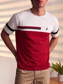 Men's Contrasting Color Short Sleeve T-Shirt, Comfortable & Breathable, Suitable For Summer, Fashionable - Red - View 6