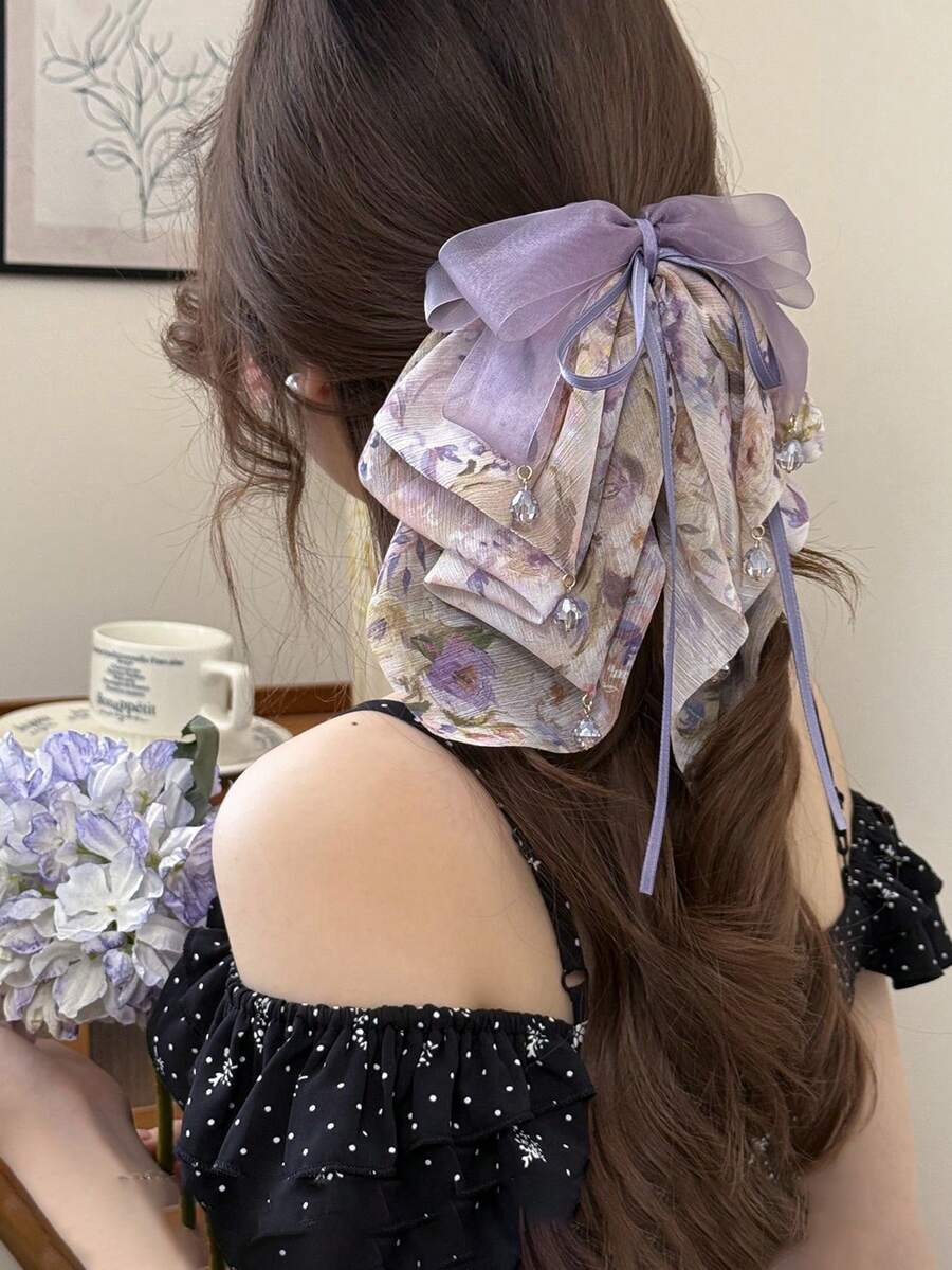 1pc Multi-Layer Purple Floral Chiffon Bow Ponytail Clip With Flowing Sweet Ribbon Hair Accessory For Women Beach Claw Clips Vacay Hair Clips - Purple - View 1