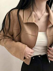 Women's Faux Suede Collar Solid Color Zip-Up Jacket, Casual Wear For School, Airport, Spring/Autumn - Yellow - View 2