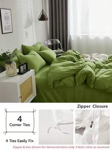 Solid Green Skin-Friendly Brushed Duvet Cover Set 3pcs (1*Duvet Cover + 2*Pillowcases, No Filling), Machine Washable, All Seasons, Suitable For Bedroom, Soft And Comfortable - Green - View 4
