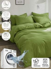Solid Green Skin-Friendly Brushed Duvet Cover Set 3pcs (1*Duvet Cover + 2*Pillowcases, No Filling), Machine Washable, All Seasons, Suitable For Bedroom, Soft And Comfortable - Green - View 2
