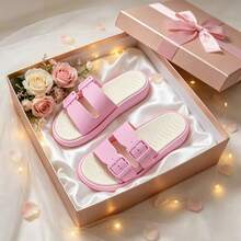 Women's Pink Thick Sole Slippers, Adjustable Double Buckle Soft Bottom Casual Beach Sandals, Summer - Pink - View 12